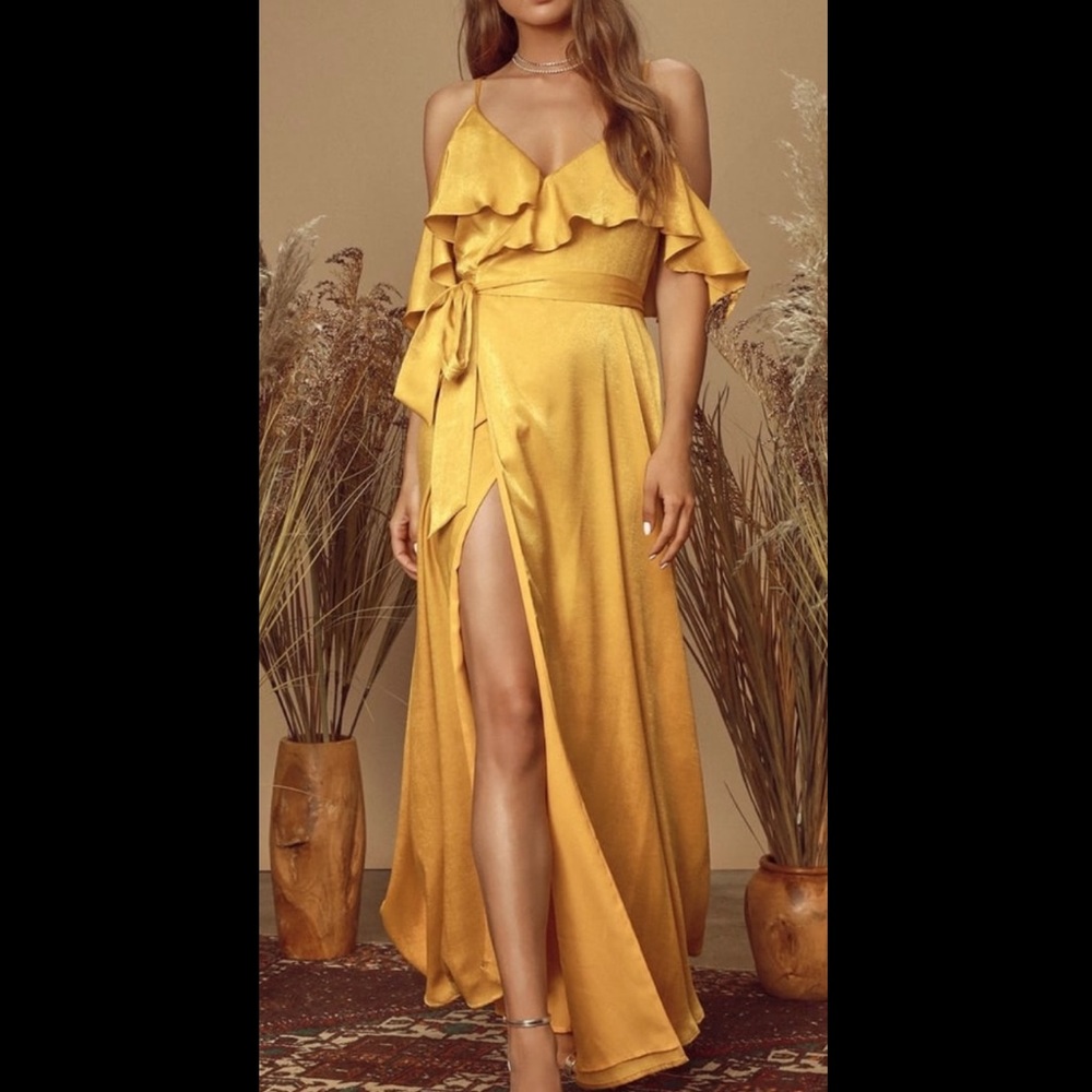 NWT Moriah Mustard Yellow Off The Shoulder Dress Gown Maxi Formal XL Wrap